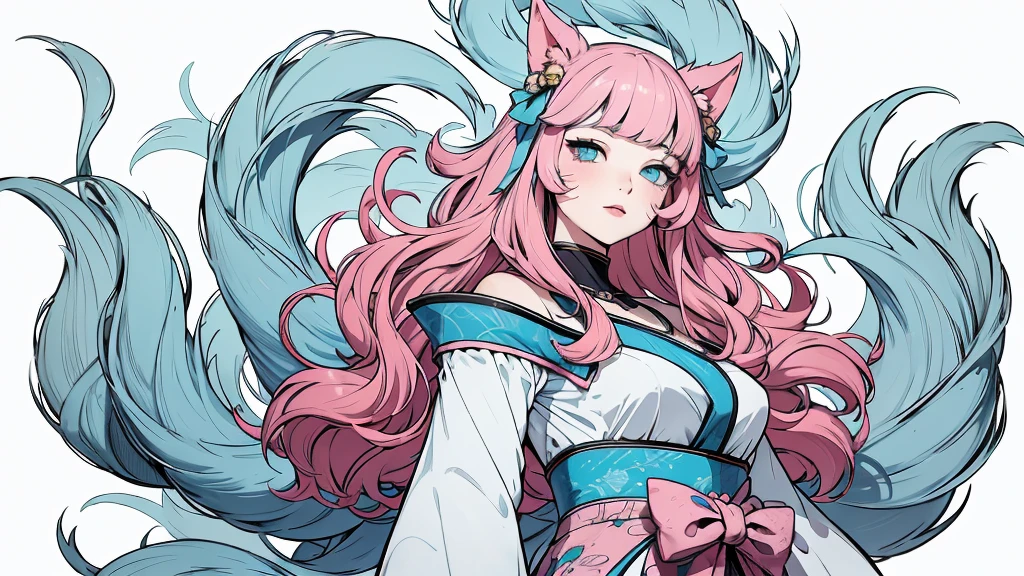 (masterpiece, best quality), beautiful woman, soft light, hakama, short skirt, (cleveage), wavy hair, asymmetrical bangs, perfect face, beautiful face, alluring, big gorgeous eyes, soft smile, perfect slim fit body, outdoors, standing, abstract background, bright colors, (risograph), medium breasts, solo, sexy