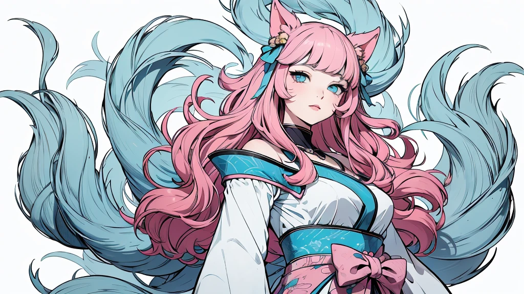(masterpiece, best quality), beautiful woman, soft light, hakama, short skirt, (cleveage), wavy hair, asymmetrical bangs, perfect face, beautiful face, alluring, big gorgeous eyes, soft smile, perfect slim fit body, outdoors, standing, abstract background, bright colors, (risograph), medium breasts, solo, sexy