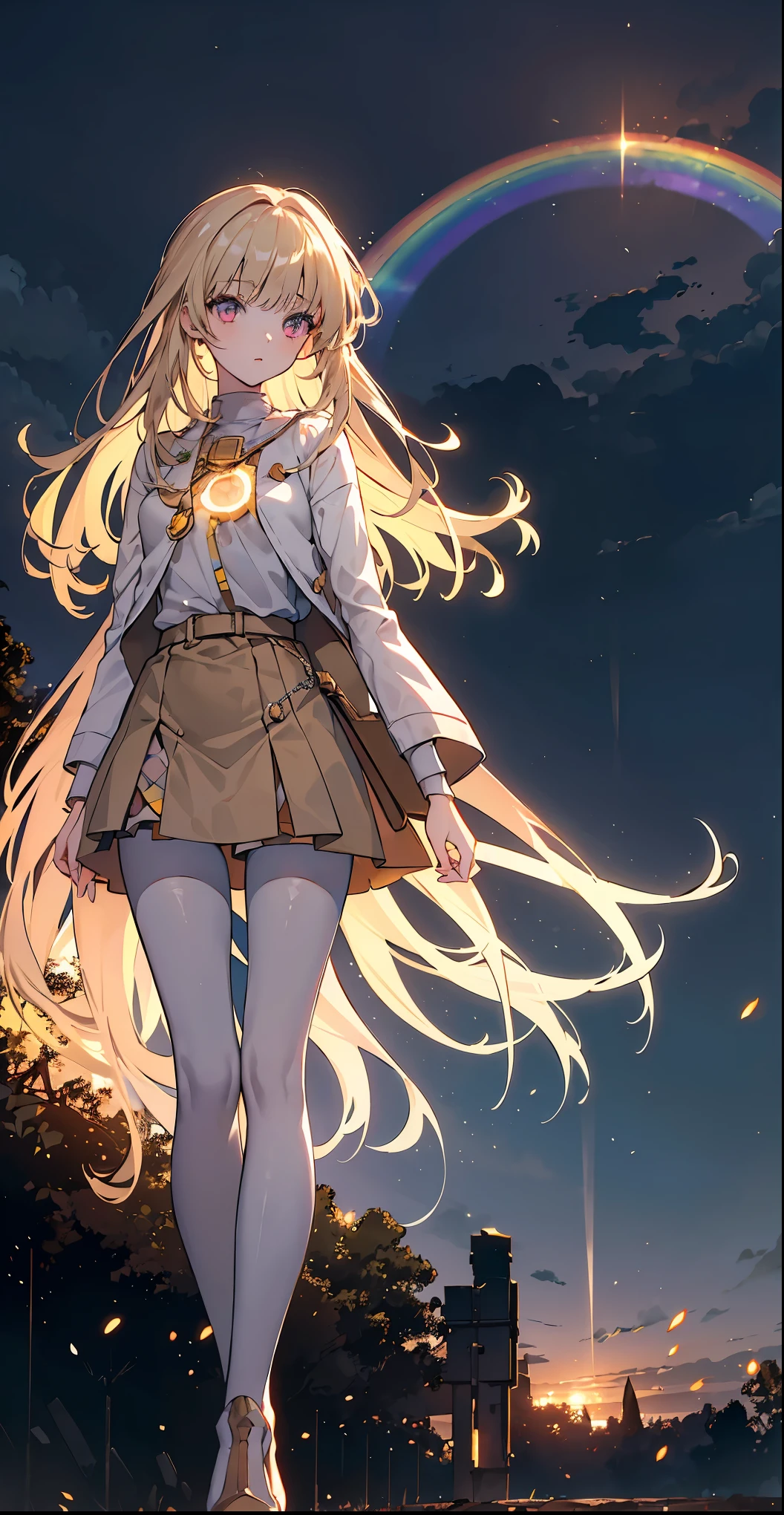 girl, Light brown long hair, Big pink eyes, Otome Kei, Beige pantyhose, Long legs,Platform heeled boots, Perfect skin, A perfect face, The most beautiful thing, super Beautifully, {Extremely detailed 8k CG unit wallpaper}, Wide-ranging landscape photography, (Watch from below,Focus on character and setting), (Broader horizons), (Low angle shot), (emphasize: 1.2), (Low light: 1.5), (Warm light source: 1.6), Intricate details, (Rainbow Colors: 1.2), (Bright Lights), (Atmospheric lighting), Dreamy, magic, Beautifully