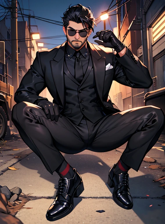 Two Men,One is 20 years old、Black Suit,Abandoned factory at night、mafia、Spread your legs、Stand with your hips slightly lowered、Posture Pose、Black leather gloves,Open your legs more,logic,Gay ,7:3 parting / all back,Stubble,Black sunglasses,Asian Faces,Masculine,The groin area swells、Erotic ,looking at the camera、The other is 40 years old.、同じくmafia、Berry Short、Black Hair、Black Suit、Stubble,Black sunglasses,Black leather gloves、Asian Faces,Masculine,The groin area swells、erection、Erotic上司