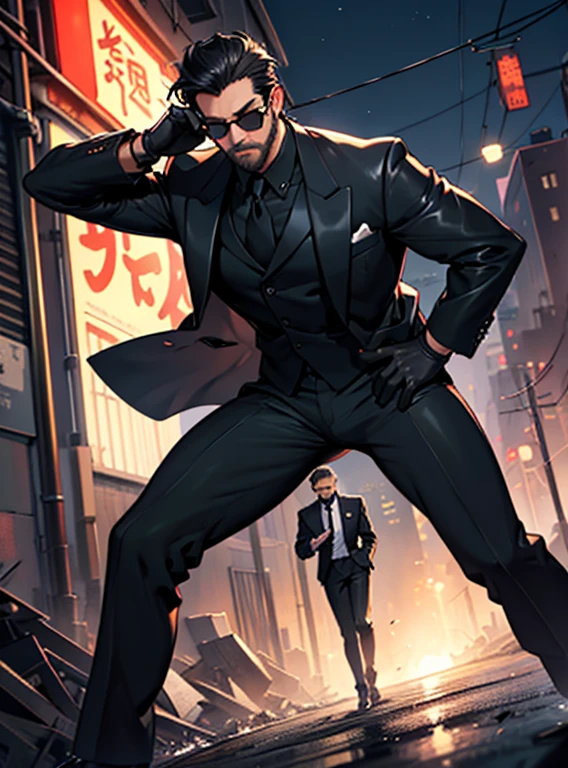 Two Men,One is 20 years old、Black Suit,Abandoned factory at night、mafia、Spread your legs、Stand with your hips slightly lowered、Posture Pose、Black leather gloves,Open your legs more,logic,Gay ,7:3 parting / all back,Stubble,Black sunglasses,Asian Faces,Masculine,The  area swells、Erotic ,looking at the camera、The other is 40 years old.、同じくmafia、Berry Short、Black Hair、Black Suit、Stubble,Black sunglasses,Black leather gloves、Asian Faces,Masculine,The  area swells、erection、Erotic上司