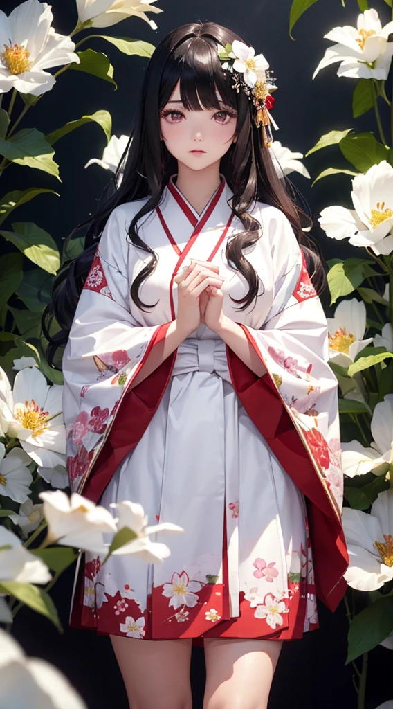 The background is a world of white flowers、(((Highest quality))), Tabletop, High resolution, (((One Girl))), ,Purple eyes、Long black hair,(((Wavy bangs))),(((Red long hair ornament))),(((Disjointed bangs))),(Tsundere face),Pink kimono,Black Skirt,String Band,((Dark red floral kimono)), Tyndall effect, Realistic, Shadow Studio, red lighting, Dual Tone Lighting, (High Definition Skins: 1.2) Digital SLR, photograph, High resolution, 4K, 8K, Background Blur,Beautiful fade out、The background is a world of white flowers
