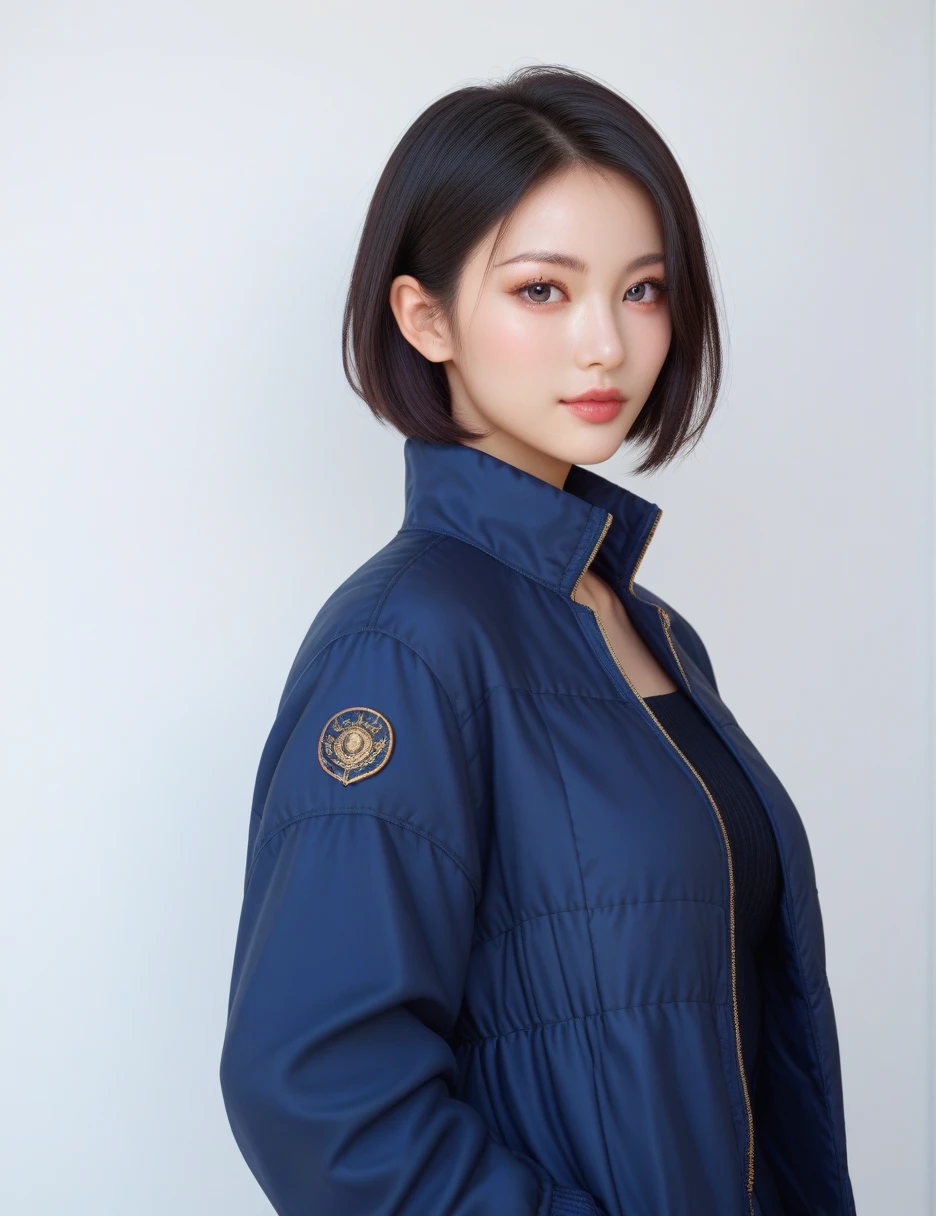 ,score_9,score_8_up,score_7_up, 20 years old, 8k, hd, beautiful girl, black hair, short hair,
1girl, detailed face, beautiful woman's face, jacket, white background, looking at viewer,