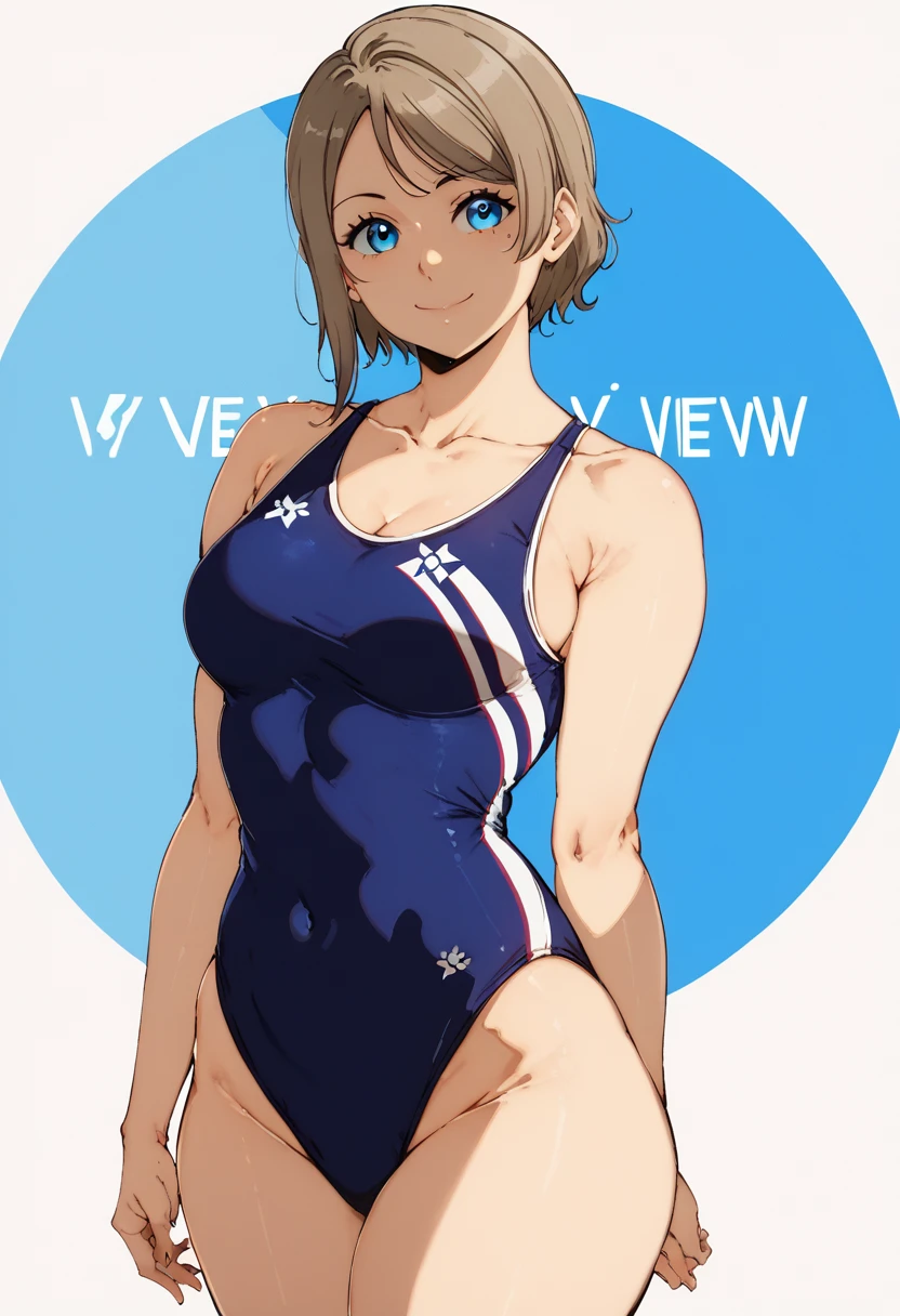 (masterpiece), 8k wallpaper, cowboy shot,alone,alp artstyle ,Watanabe Yo, Are standing, School corridor, Side bust,One piece swimsuit, V-neck, Low cut at hips, blue eyes, Beautiful and exquisite face and eyes, (nsfw:1.9)