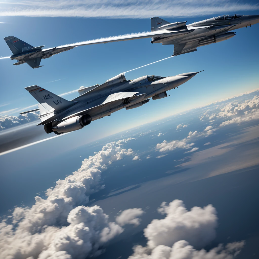 realistic supersonic jet aircraft, extremely detailed, cinematic, dramatic lighting, photorealistic, hyper-detailed, 8K, HDR, dynamic pose, breaking the sound barrier, powerful engines, shockwaves, motion blur, volumetric clouds, detailed textures, precise engineering, sleek aerodynamic design, metallic sheen, reflective surfaces, intense blue sky, sunlight, depth of field