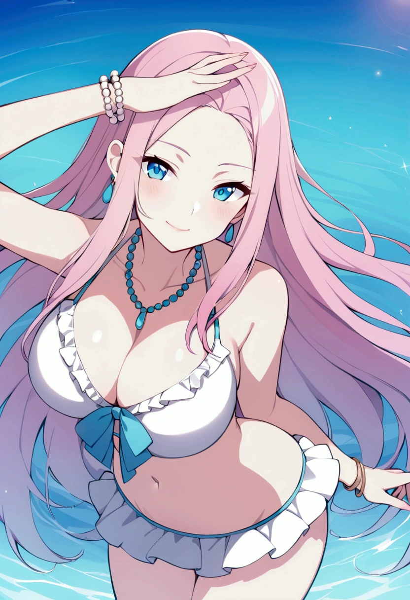slender, mature female,jewelry, bracelet, 1girl, long_hair, pink_hair, breasts, cleavage, blue_eyes, necklace, looking_at_viewer, bead_bracelet, parted_bangs, beads, bare_shoulders, earrings, swimsuit, white_bikini, solo, large_breasts, bangs, bikini, collarbone, frills, skirt, water, crop_top, smile, very_long_hair, pearl_bracelet, bangle, sidelocks, midriff, arm_up, closed_mouth, forehead, navel, standing, cowboy_shot, sleeveless, frilled_bikini, stomach, lips, eyebrows_visible_through_hair, white_skirt,