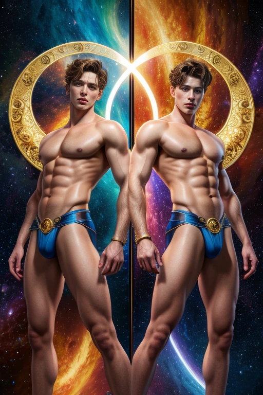 (photorealistic, masterpiece, detailed face, best quality, highres, 4k), Fantasy art style, astrological sign Gemini depicted through captivating male twin models with dualistic auras. Their sexy opposing appearances and skimpy clothing complement their two distinct personas, showcasing their versatility and charm.