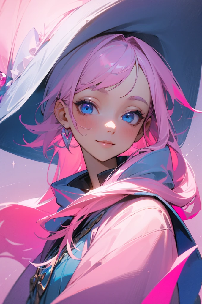 (masterpiece,best quality,ultra-detailed),1 girl, white and pink hair, beautiful and detailed face, detailed blue eyes, pink witch hat, pink witch outfit, looking at viewer, nervous smile,(grey and pink theme), night, starry background
