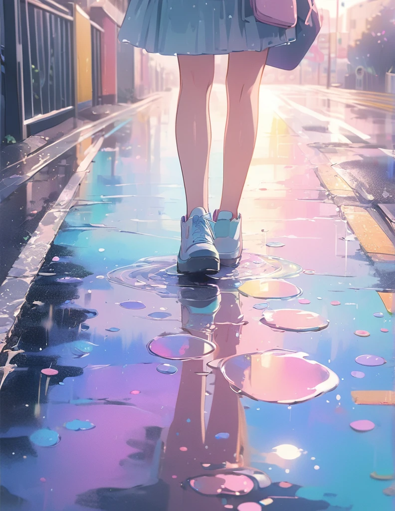 (Anime Style:1.4),A soft touch to painting、超High resolution, Attention to detail, high quality, High resolution, 最high quality, 4K, 8K,Road after the rain、Puddle and girl、Pastel color effect