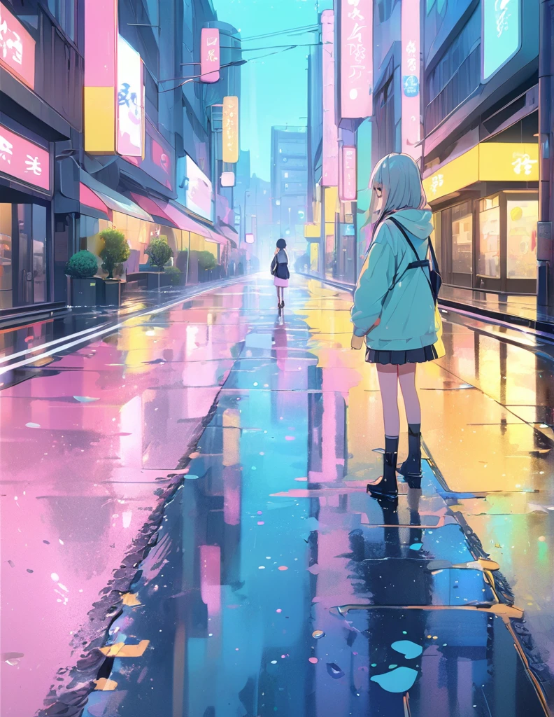 (Anime Style:1.4),A soft touch to painting、超High resolution, Attention to detail, high quality, High resolution, 最high quality, 4K, 8K,Road after the rain、Puddle and girl、Pastel color effect