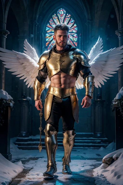 ultra high res, best quality, photo, 4k, (photorealistic:1.4), cinematic lighting, a male angel with large translucent wings,muscular man, abdominal muscle, wearing medieval gold armor, detailed feathers, cyberpunk environment, snow and environment in the background, cathedral of , portal of the future, volumetric light, HD, magic, god light, backlighting, detailed face, contrapposto,