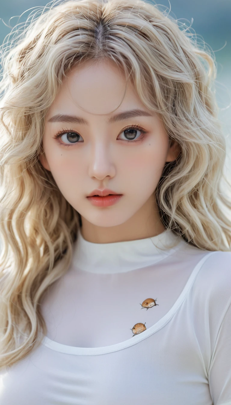 (Surrealism), (illustration), (high resolution), (8K), (Extremely detailed), (best illustration), (Beautiful and delicate eyes), (best quality), (Very detailed), (masterpiece), ( wallpaper), (Delicate face), solitary, 1 girl, White curly hair, Korean, Heterochromic eyes, There is a small mole under the eye, Loose white shirt, Yoga Pants, Large Breasts, Long legs, Tight abdominal muscles, Camel toe, Dynamic poses