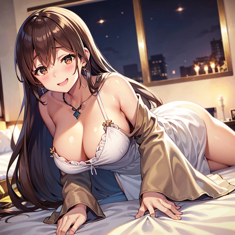 satou_kazuma, long brown hair, brown eyes, blush, smile, happy face, large breasts, cleavage, earings, white wedding dress, long dress, on bed, night, 