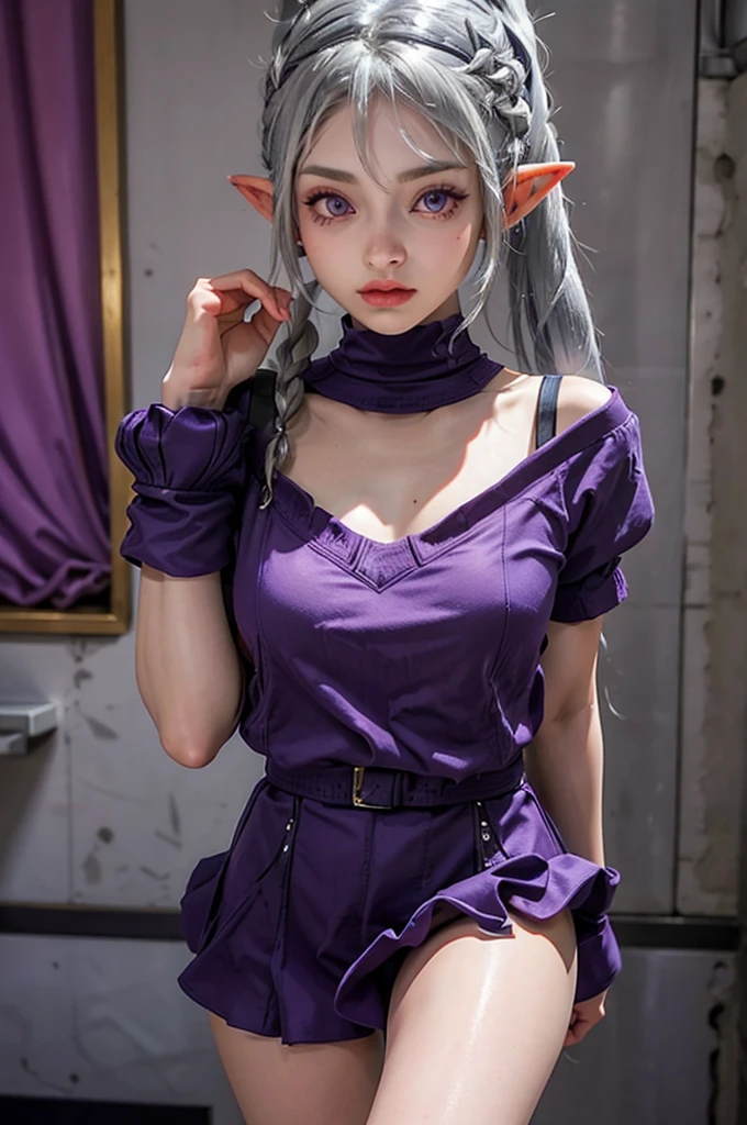 A girl with silver hair tied into a ponytail, purple eyes and elven ears, , cool room, full height top quality 