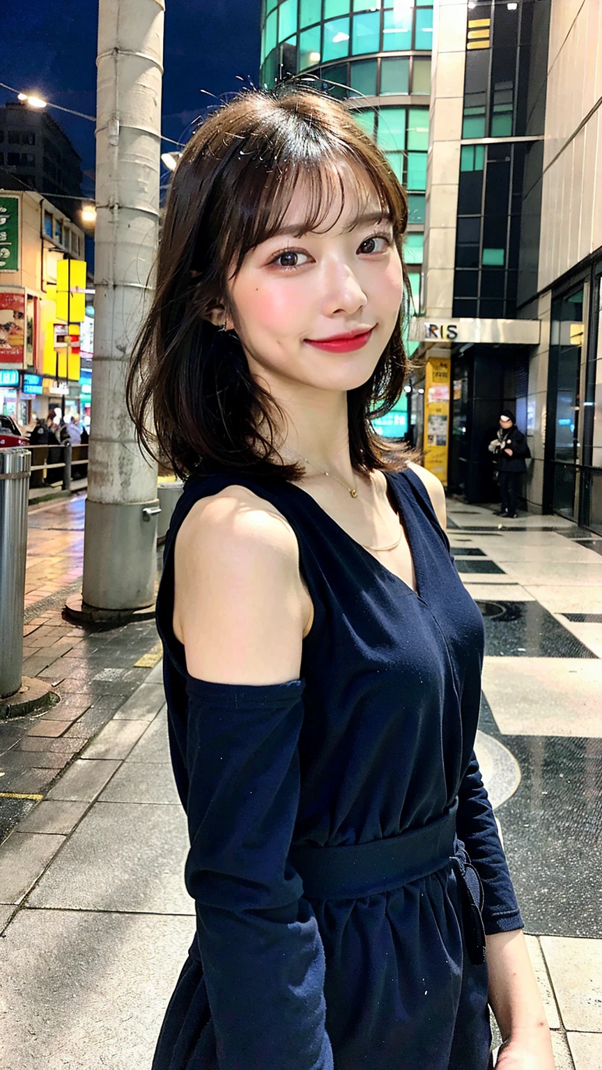 (Highest quality, 8K, 32k, masterpiece, Ultra-high resolution: 1.2), Cute Japanese Women Photos, Very short bob hair, whole body, Extra Large_one piece, necklace, Simple Background,(Film aesthetics:1.4) Bokeh urban night photo of a beautiful fashion model、足までを含むwhole bodyを投影する