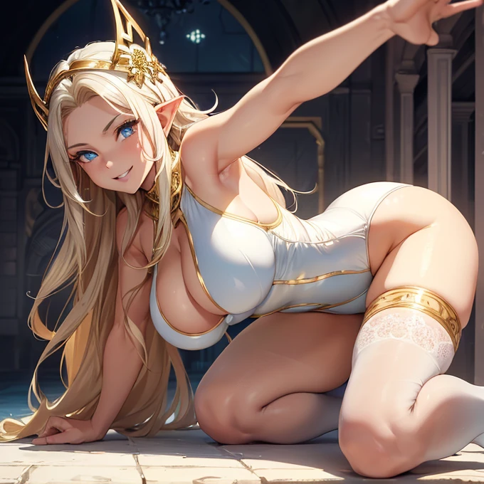 (absurdres, best high quality image, carefuly detailed features and textures, very detailed image, front view) {{(1character: Elf queen 1.000 years old mature gold haired adult milf, beautiful face, sexy feminity, beautiful light blue eyes, voluptuous body, big breasts, huge butt, beautiful legs, golden long hair, golden eyebrows, lovely smile) (white one-piece leotard, white runing shoes, cleavage), (running, happy enjoying the moment))}}