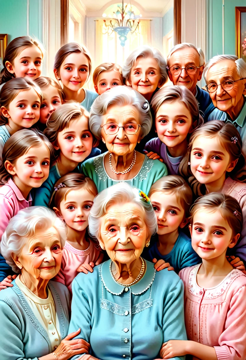 a hyper detailed image of an 88-year-old mom with 44 children, sweet colors, elina karinova, 8k resolution, family portrait, heartwarming, multiple generations, indoor setting, soft lighting, pastel tones, sentimental artwork, high detail, front view, realistic, trending on artstation