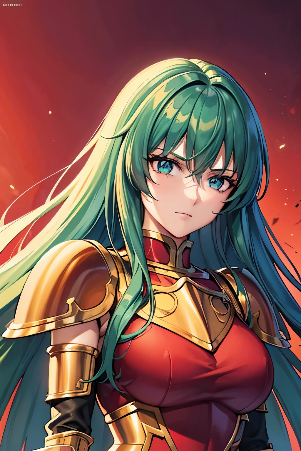 (high-quality, breathtaking),(expressive eyes, perfect face) 1female, Symmetrical Eyes, girl , solo, adult , portrait, dark green colored hair, red coloured eyes, stylised hair, neutral expression, soft smile, medium length hair, loose hair, side bangs, wavy hair, narrow eyes, looking at viewer, black armor, black and red clothing color palette, red trim, fantasy armor, corruption theme, Sasha Saint Seiya Lost Canvas, Goddess Athena, haunting red background, Saint Seiya Armor, full plate, long sleeved shirt, gauntlets, shoulder pads, BlackKnight_fe, detailed eyes
