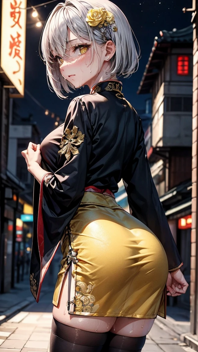 Young girl 22 years old, short silver bob hair, hair flower, sharp bangs between the eyes, yellow  eyes, eyes large, ((traditional chinese imperial clothes black with gold details,)) red skirt, black thigh high socks. slenderbody. view from side, side point of view, on the street of a Japanese city, at night, with full moon in the background, light reflecting on the sexy and sweaty body. (((sweat)))