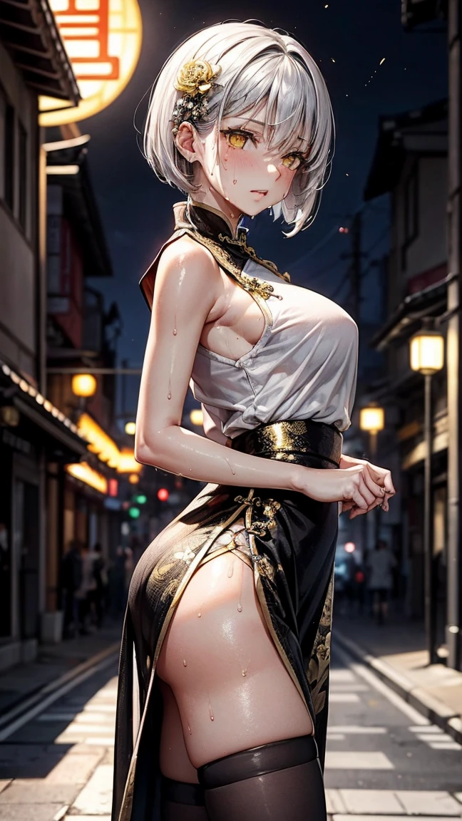 Young girl 22 years old, short silver bob hair, hair flower, sharp bangs between the eyes, yellow eyes, eyes large, ((traditional chinese imperial clothes black with gold details,)) red skirt, black thigh high socks. slenderbody. view from side, side point of view, on the street of a Japanese city, at night, with full moon in the background, light reflecting on the sexy and sweaty body. (((sweat)))