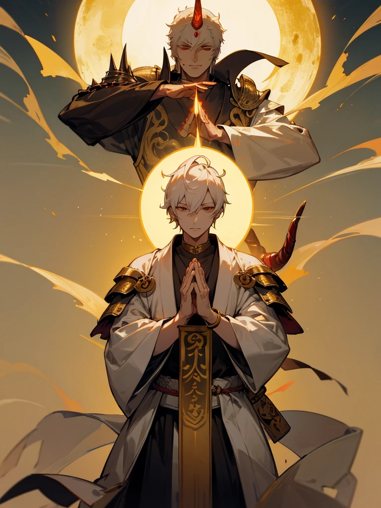 Buddha, evil eye, horn, white short hair, black armor, tori ready, man, full moon, hands together in prayer, Zen meditation golden lion 氣 Japanese sword on waist
