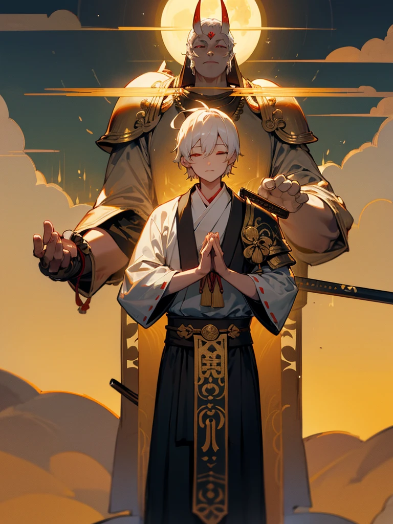 Buddha, evil eye, horn, white short hair, black armor, tori ready, man, full moon, hands together in prayer, Zen meditation golden lion 氣 Japanese sword on waist
