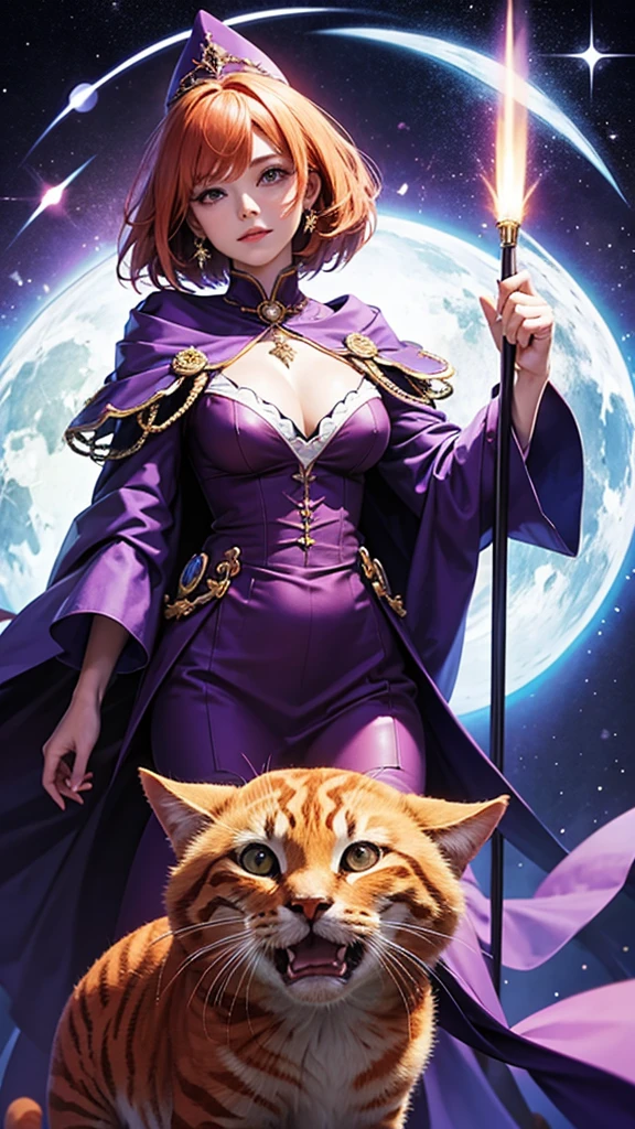 An orange cat in a purple cloak and a purple pointed magic hat, and a magician with a magic wand in his hand