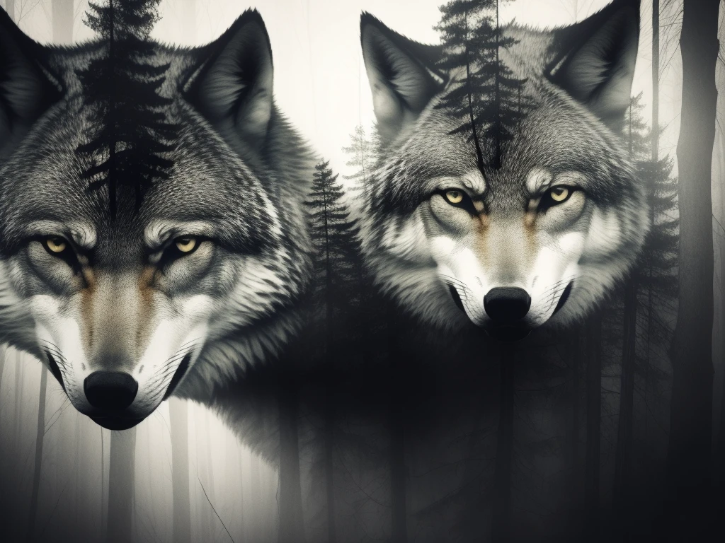 (Double exposure), dark background, angry 1wolf, forest, masterpiece, best quality