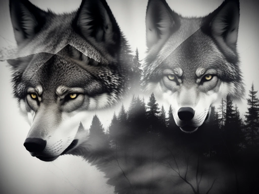 (Double exposure), dark background, angry 1wolf, forest, masterpiece, best quality