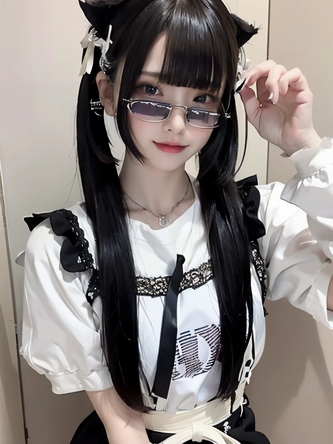 RAW Photos,(8K)、(Highest quality: 1.2)、(Real)、(Real: 1.37)、Ultra-high resolution、 With short blonde hair、Create a picture of a young woman with a cute bob and straight bangs。She wears a detailed headdress adorned with ribbons and jewels.。Delicate and young々He has a handsome face.、She is taking a selfie。She has lace and a big bow in the middle、She wears a frilly white and pale blue outfit with purple jewels。In the background you can see the bright and airy room of a maid cafe.。