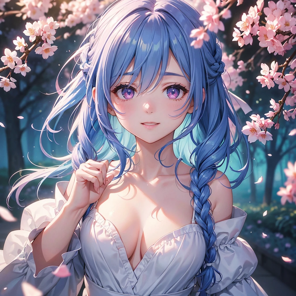 (Sky blue medium hair),(Braided hair tied together)、Pink eyes、Fair skin、(whole body)、(One Girl)、(suit)、Cherry Blossoms at Night、A big smile、、(masterpiece、Highest quality、Very detailed、Best Shadow)、(Detailed Background)、(Beautifully detailed face)、High contrast、(Best lighting、Very delicate and beautiful)、((Cinematic Light))、colorful、Hyper Detail、Dramatic Light、Exquisite detail、