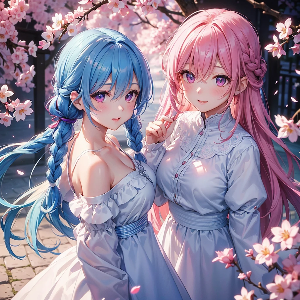(Sky blue medium hair),(Braided hair tied together)、Pink eyes、Fair skin、(whole body)、(One Girl)、(suit)、Cherry Blossoms at Night、A big smile、、(masterpiece、Highest quality、Very detailed、Best Shadow)、(Detailed Background)、(Beautifully detailed face)、High contrast、(Best lighting、Very delicate and beautiful)、((Cinematic Light))、colorful、Hyper Detail、Dramatic Light、Exquisite detail、