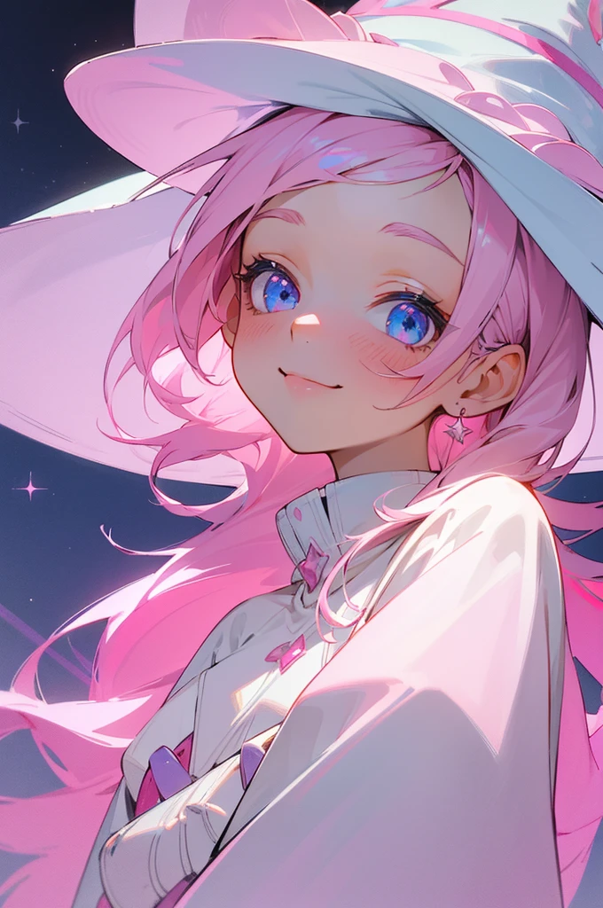 (masterpiece,best quality,ultra-detailed),1girl, white and pink hair, beautiful and detailed face, detailed light blue eyes, pink witch hat, pink witch outfit, looking at viewer, nervous smile,(grey and pink theme), night, starry background
