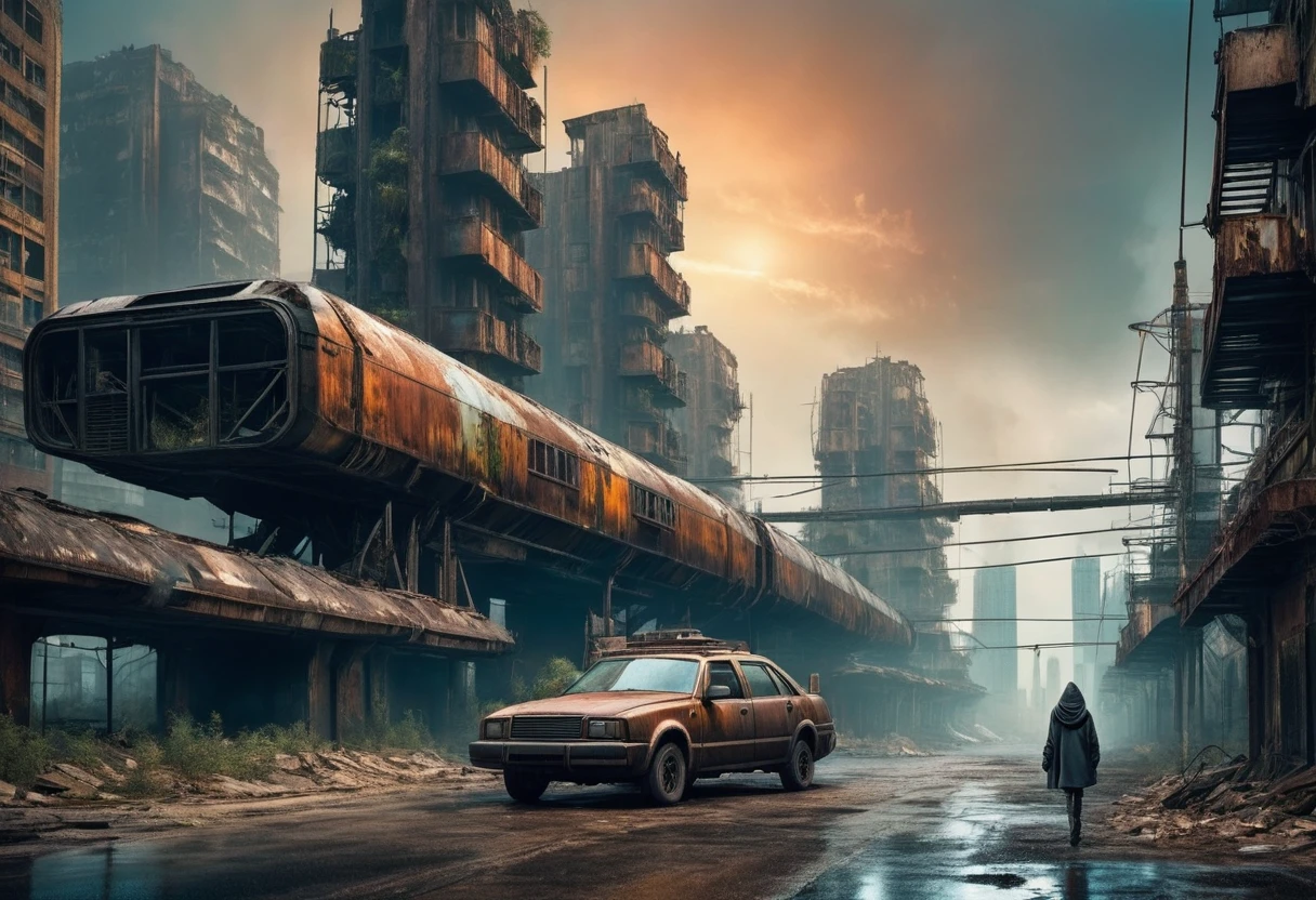 image taken of a girl wearing a hoodie and short, torn dirty clothes, She is wandering among the buildings of an abandoned, ultra-futuristic North American megalopolis city, nuclear apocalypse environment, the dystopian city, has many tall, dystopian metal buildings and dark-colored houses in ruins on the horizon, The uphill street is sloping upwards and is paved and dirty with debris fallen from the buildings, there is a plane lying on the street, rusty and abandoned, environment from dark blue to black, the city has shades of metal gray, has smoky metal structures, there is a viaduct bridge on wide pillars, ultrafuturistic industrial environment with smoke and fog around, dark rusty dirty cars on the streets, desert megalopolis, has abandoned metal rusty modern train and rails among the city streets, futuristic tall buildings with broken glass and rounded rusty and dilapidated metal, tall poles fallen to the ground in the street, many ultramodern buildings around, as realistic as possible, as detailed as possible, Science fiction, there are 2 planets in the sky through the dense atmosphere
