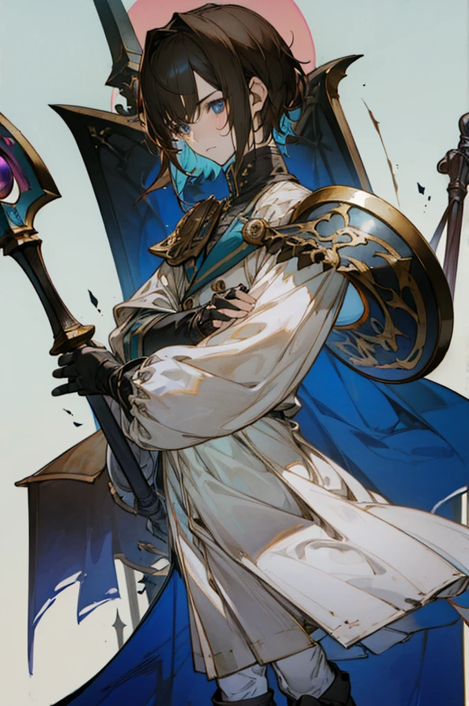 ((masterpiece_portrait)),(CG game_cg),(pixiv),(Berserk),(The Rising of the Shield Hero),(Beatrix Potter),(Color Field),(Dark_Fantasy),(2000s, 00s-anime-aesthetic),(male_focus),(feet_out_of_frame),(looking_front),sky_blue_background,forest,1boys,knight,muscular,round_face,short_hair,gradient_hair,black_hair,brown_hair,curly_hair,blue_eyes,glowing_pupils,flat_chest,standing,expression_face,Closed_mouth,clenched_hands,Navy_trench_coat,Black_knight_armor,Gray_armored_boots,Gray_cuisse