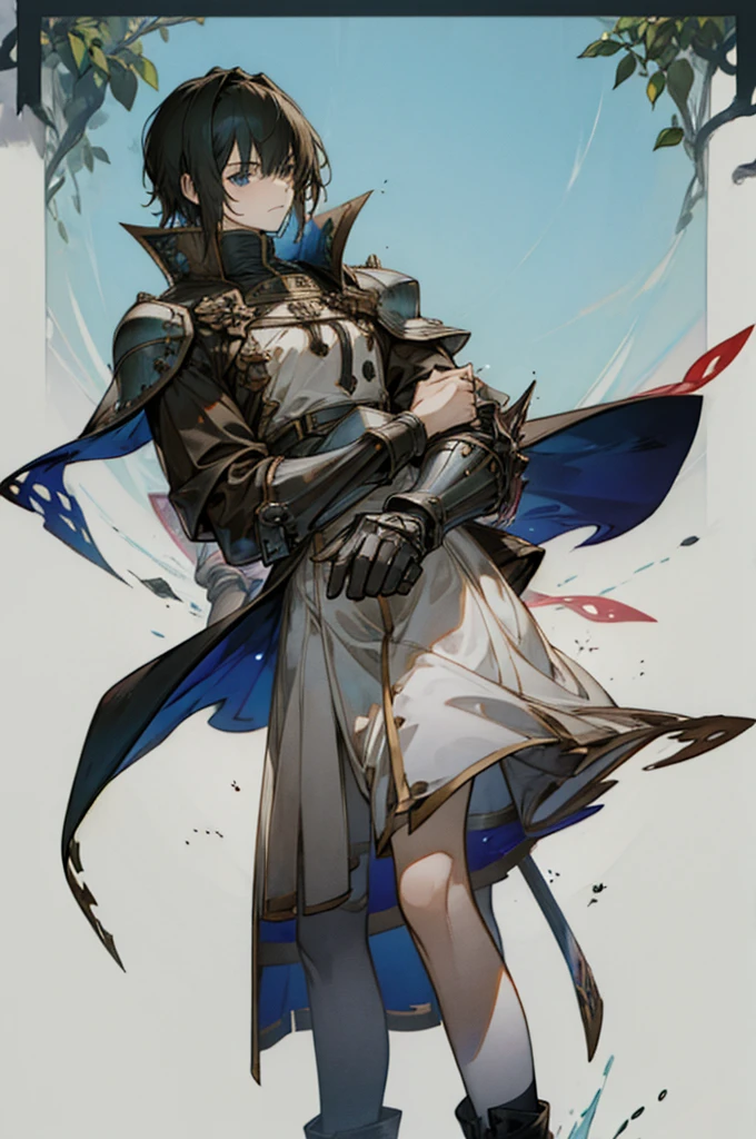 ((masterpiece_portrait)),(CG game_cg),(pixiv),(Berserk),(The Rising of the Shield Hero),(Beatrix Potter),(Color Field),(Dark_Fantasy),(2000s, 00s-anime-aesthetic),(male_focus),(feet_out_of_frame),(looking_front),sky_blue_background,forest,1boys,knight,muscular,round_face,short_hair,gradient_hair,black_hair,brown_hair,curly_hair,blue_eyes,glowing_pupils,flat_chest,standing,expression_face,Closed_mouth,clenched_hands,Navy_trench_coat,Black_knight_armor,Gray_armored_boots,Gray_cuisse