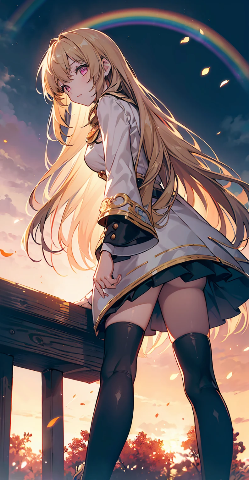 (Maximum resolution)，girl, Light brown long hair, Big pink eyes, Otome Kei, Beige pantyhose, Long legs，Platform heeled boots, Perfect skin, A perfect face, The most beautiful thing, super Beautifully, {Extremely detailed 8k CG unit wallpaper}, Wide-ranging landscape photography, (Watch from below，Focus on character and setting), (Broader horizons), (Low angle shot), (emphasize: 1.2), (Low light: 1.5), (Warm light source: 1.6), Intricate details, (Rainbow Colors: 1.2), (Bright Lights), (Atmospheric lighting), Dreamy, magic, Beautifully