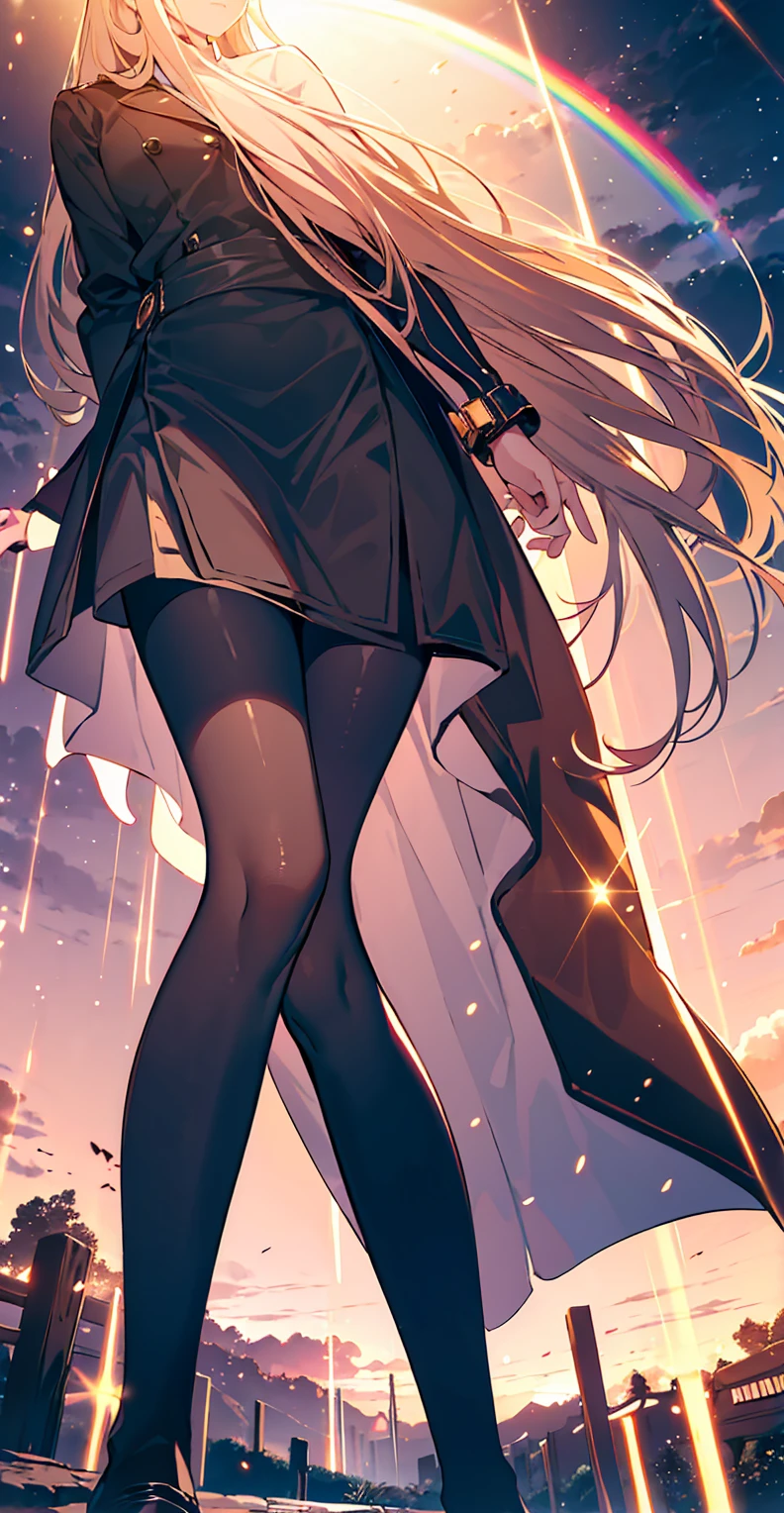 (Maximum resolution)，girl, Light brown long hair, Big pink eyes, Otome Kei, Beige pantyhose, Long legs，Platform heeled boots, Perfect skin, A perfect face, The most beautiful thing, super Beautifully, {Extremely detailed 8k CG unit wallpaper}, Wide-ranging landscape photography, (Watch from below，Focus on character and setting), (Broader horizons), (Low angle shot), (emphasize: 1.2), (Low light: 1.5), (Warm light source: 1.6), Intricate details, (Rainbow Colors: 1.2), (Bright Lights), (Atmospheric lighting), Dreamy, magic, Beautifully