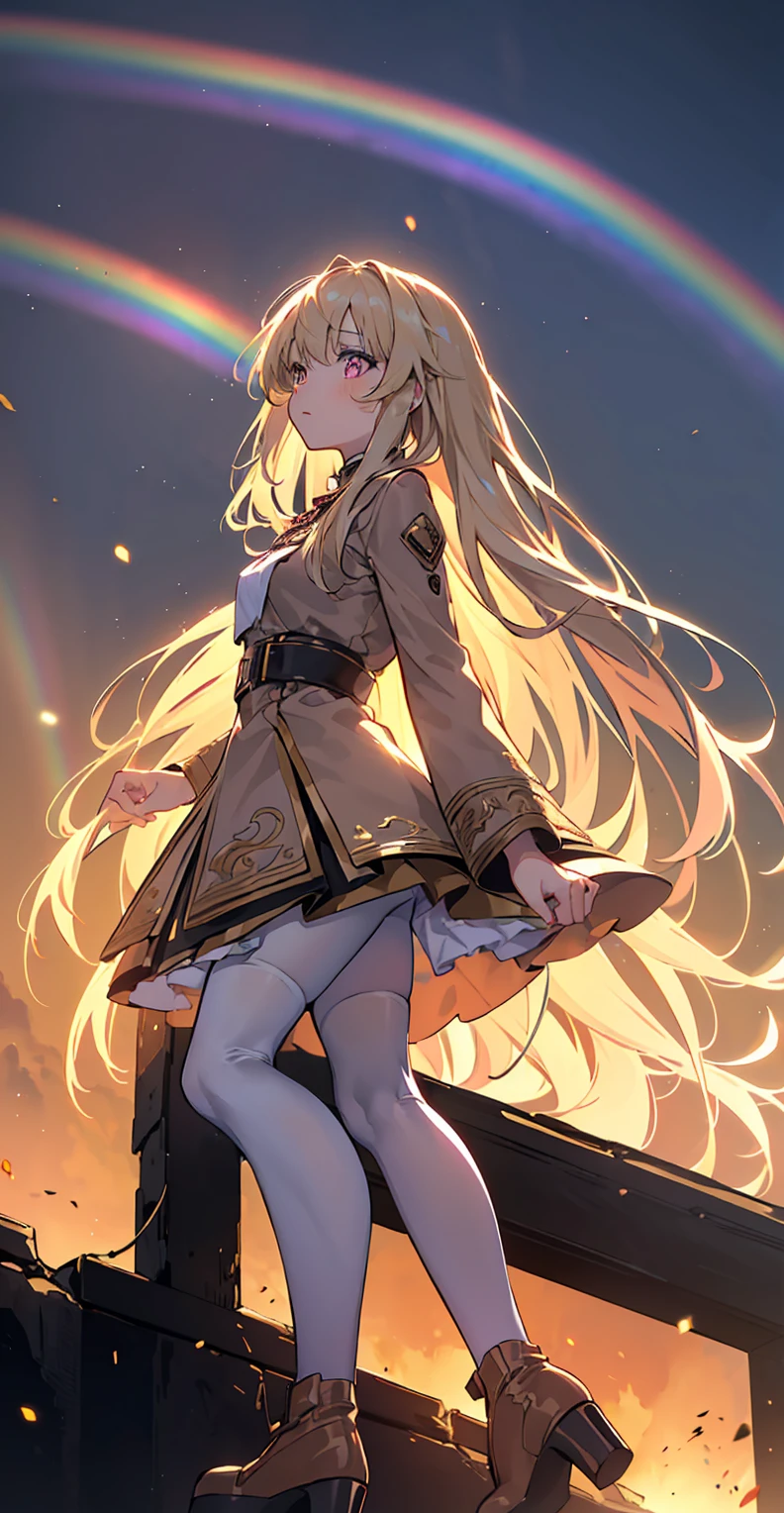 (Maximum resolution),girl, Light brown long hair, Big pink eyes, Otome Kei, Beige pantyhose, Long legs,Platform heeled boots, Perfect skin, A perfect face, The most beautiful thing, super Beautifully, {Extremely detailed 8k CG unit wallpaper}, Wide-ranging landscape photography, (Watch from below,Focus on character and setting), (Broader horizons), (Low angle shot), (emphasize: 1.2), (Low light: 1.5), (Warm light source: 1.6), Intricate details, (Rainbow Colors: 1.2), (Bright Lights), (Atmospheric lighting), Dreamy, magic, Beautifully