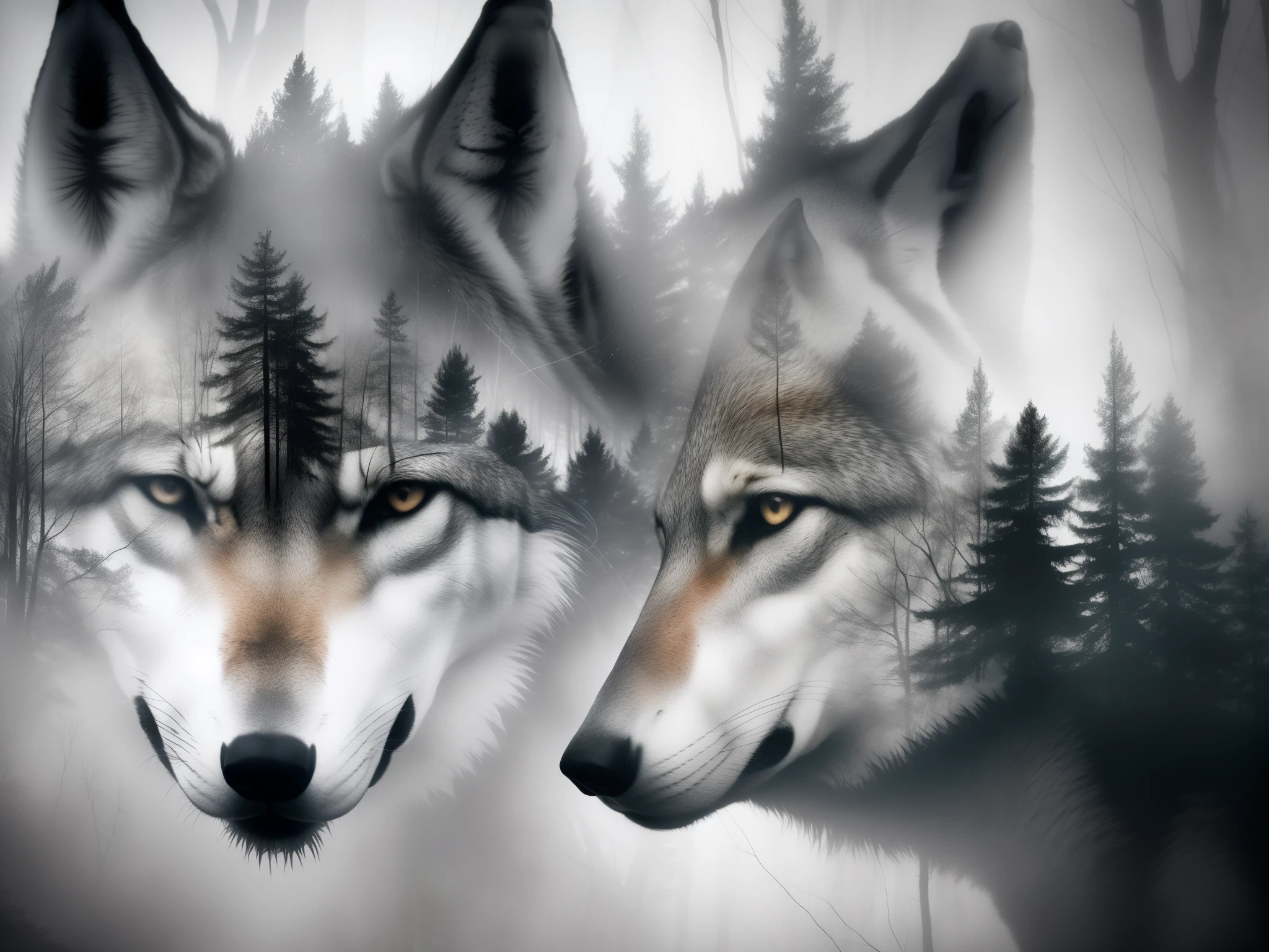 (Double exposure), 1wolf, forest, masterpiece, best quality
