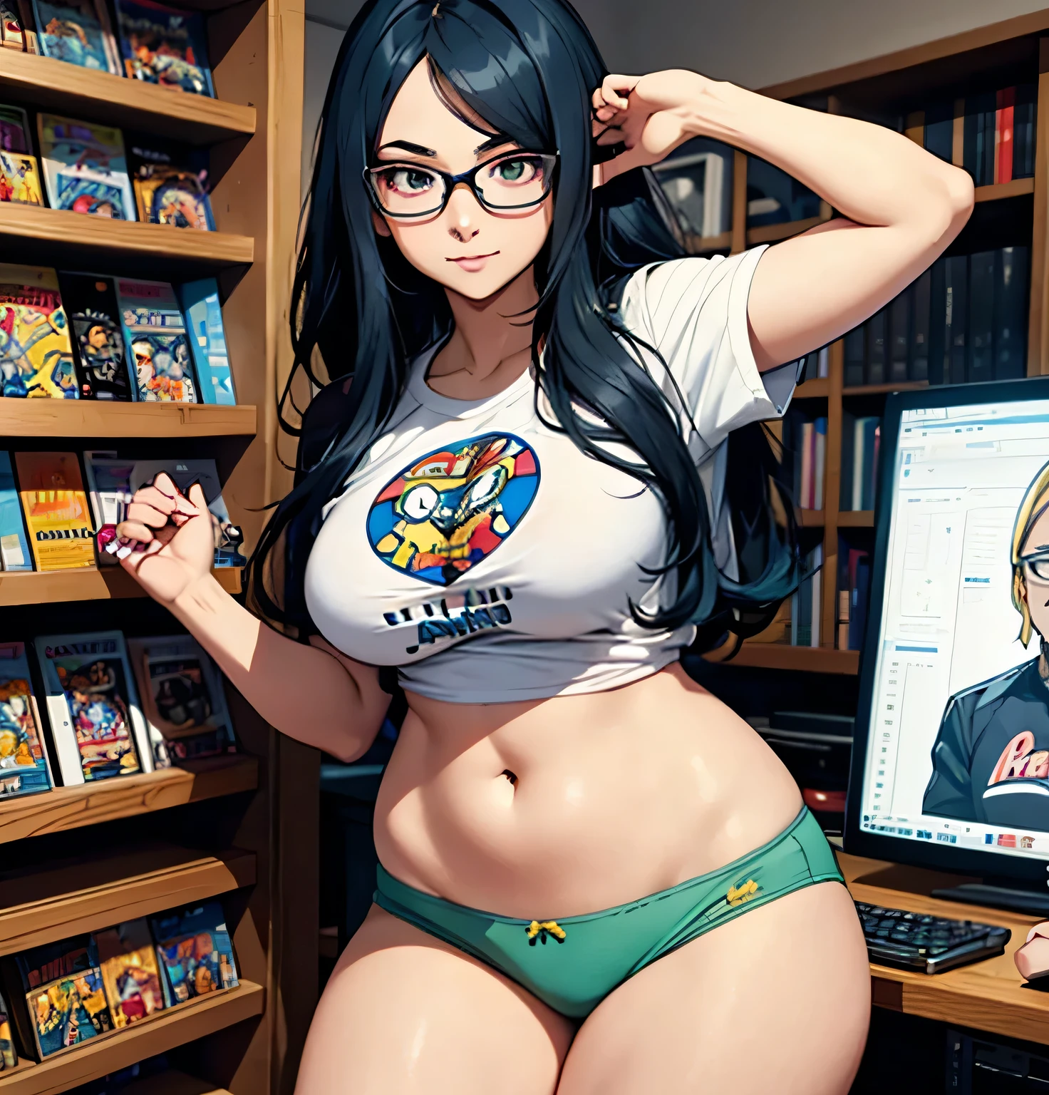 A young woman with a geeky, nerdy style, wearing glasses and a cropped t-shirt with a nerdy All Might reference. Panties, She has a playful, fun-loving personality, and is surrounded by comic books and video games. big , bare tummy, slim waist, thick thighs, deep cleavage, hot expression, slutty