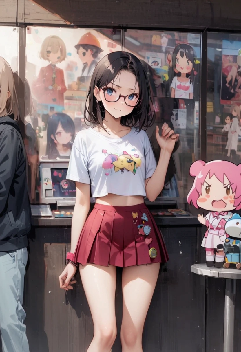 underboob、bellybutton、crop top look、Chibi T-shirt、Fashionable glasses、bra、striped pattern bra, striped pattern panties、Very Very Mini Skirt、Panty shot、arcade、game machine、Game bench、UFO Catcher、Purikura、Date、forehead、Girl、Girl、Short、Younger、Lower school year、Baby Face、flat chest、Angry face、Dynamic Angle、masterpiece、best quality、ultra-detail、There are customers around、I'm making a mess、Clothing
