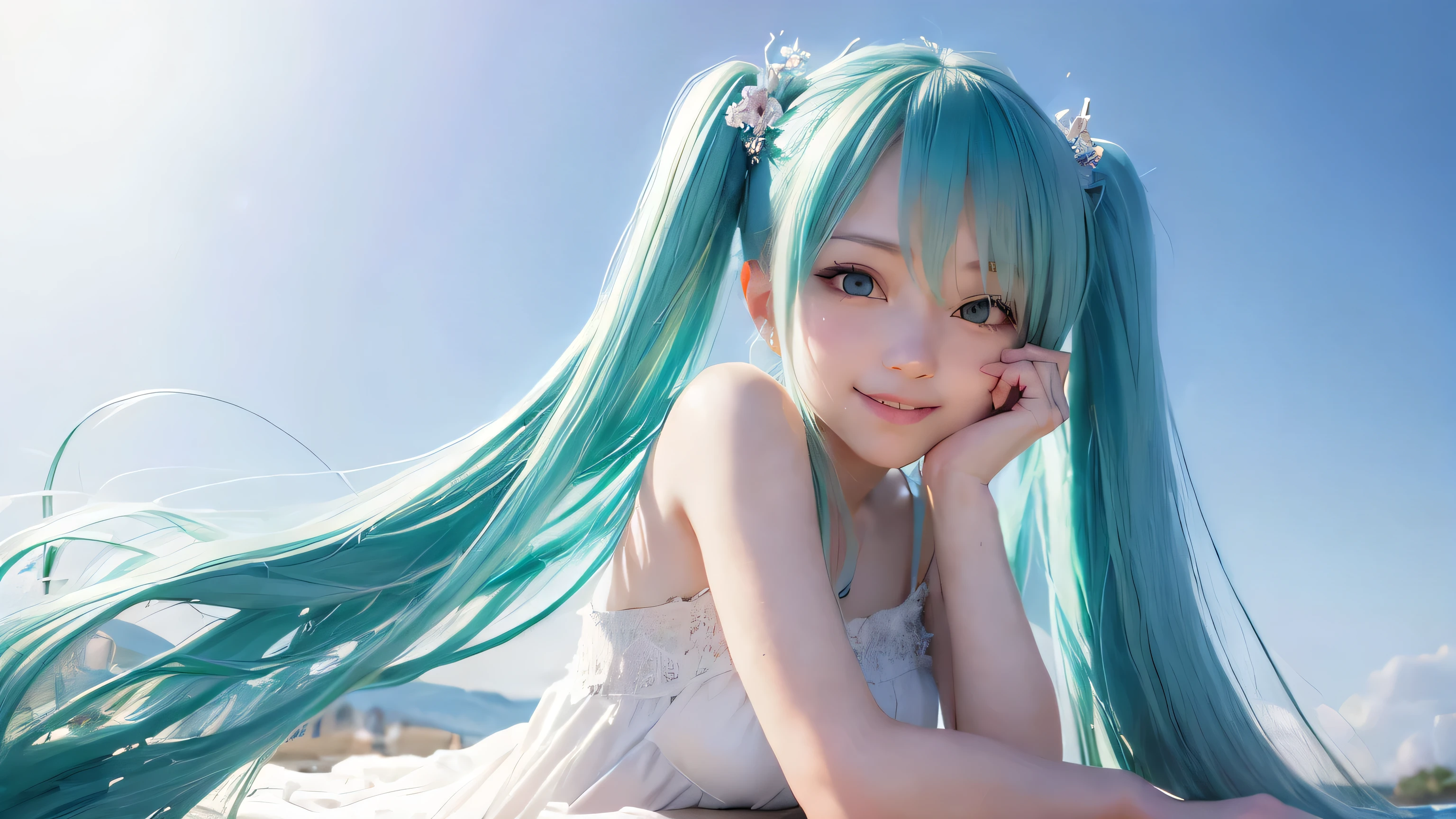 (Oil, masterpiece, Highest quality, Very detailed, Focus on the characters), hatsune miku,smile,Detailed depiction of hair,([return:0.8]|[ face facing returnwards:1.1]), ,([Asahi Scenario:1.2]|[ ground:1.3]| [High Contrast:1.1])  