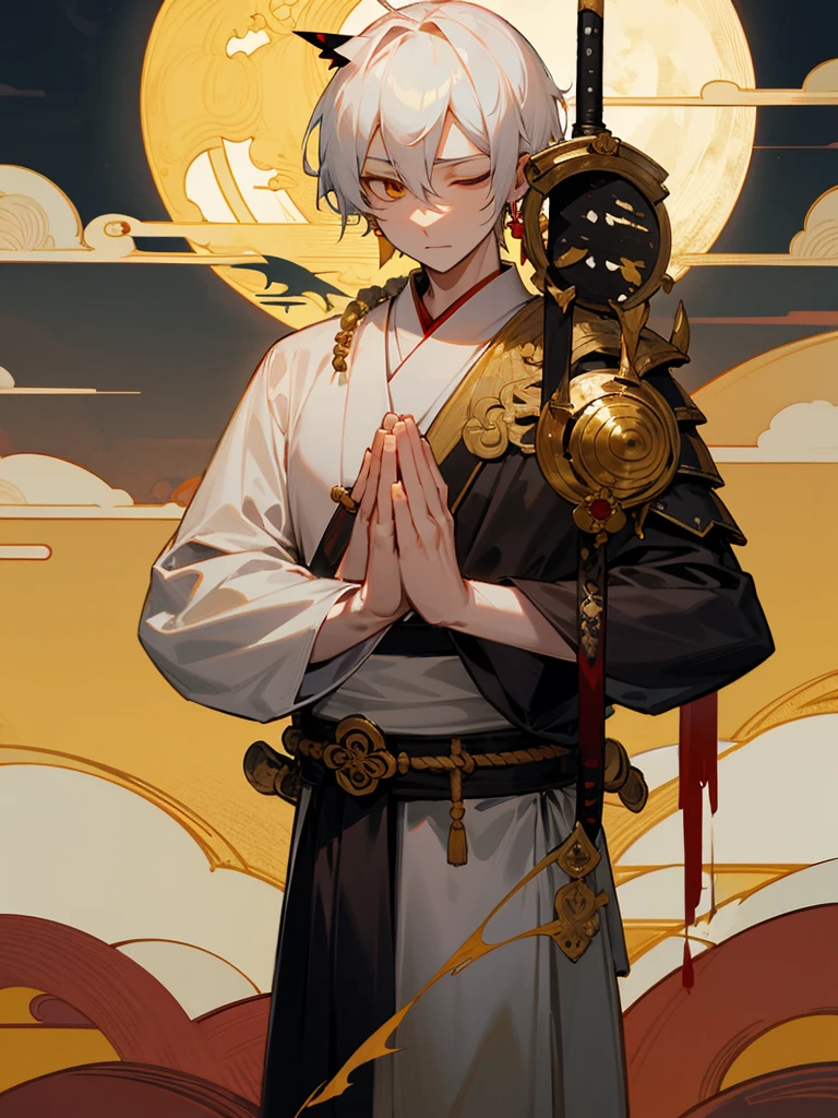 Buddha, evil eye, horn, white short hair, black armor, tori ready, man, full moon, hands together in prayer, Zen meditation golden lion 氣 Japanese sword on waist