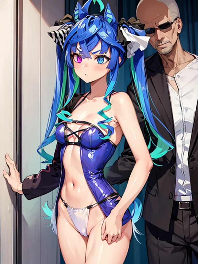 (masterpiece、top-quality、hight resolution), Create an image of a man being led by a prostitute through a hallway in a brothel. The man’s face should not be shown, and his clothing should be plain and unremarkable. The prostitute should be dressed in typical revealing attire, characteristic of her profession. The setting is a dimly lit hallway inside a brothel, with the prostitute holding the man’s arm as they walk. The prostitute should have a sly, smirking expression on her face, while the man's body language should convey hesitation and indecisiveness. Twin_Turbo_Umamusume, aqua hair, twintails, heterochromia, purple eyes, blue eyes, sharp teeth,hores tails, nsfw, 1faceless male