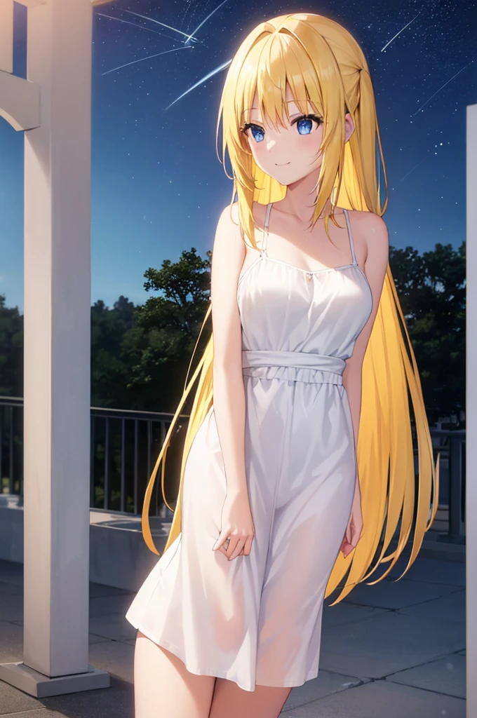 (masterpiece:1.3), (best quality:1.1), (8k, ultra detailed, ultra high res:1.2), ((anime style)), 
1girl,
BREAK long hair, wavy hair, arms behind back, 
(blonde hair), 
(blue eyes), 
medium breasts, (white camisole, Sequins, white sequins:1.2),  
BREAK smile, (gazing skyward:1.2), 
cowboy shot, BREAK (outdoor, Stars, Shooting star, sky, at night, galaxy, Cosmos, summer:1.3),