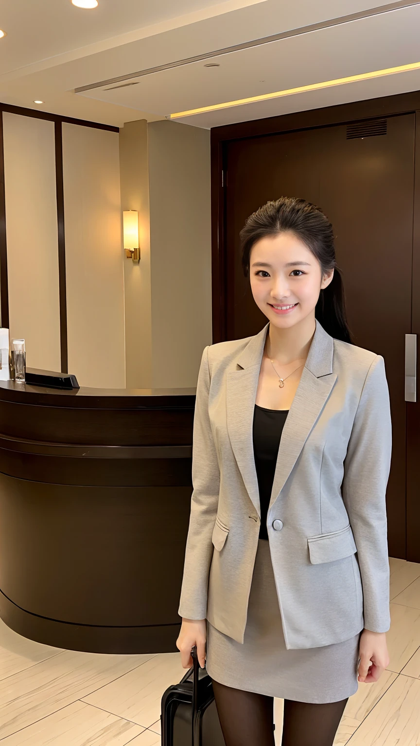 Hotel receptionist、Keeping your hair up、Perfect Makeup、8 heads、slender、Blazer and tight skirt、Low heels、smile、Standing with good posture