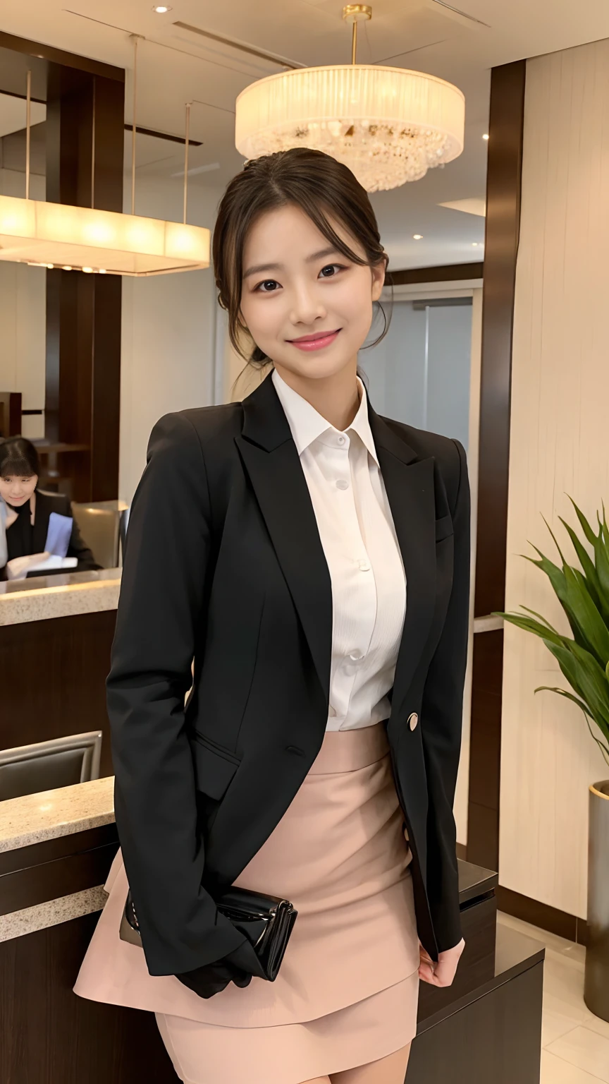 Hotel receptionist、Keeping your hair up、Perfect Makeup、8 heads、slender、Blazer and tight skirt、Low heels、smile、Standing with good posture