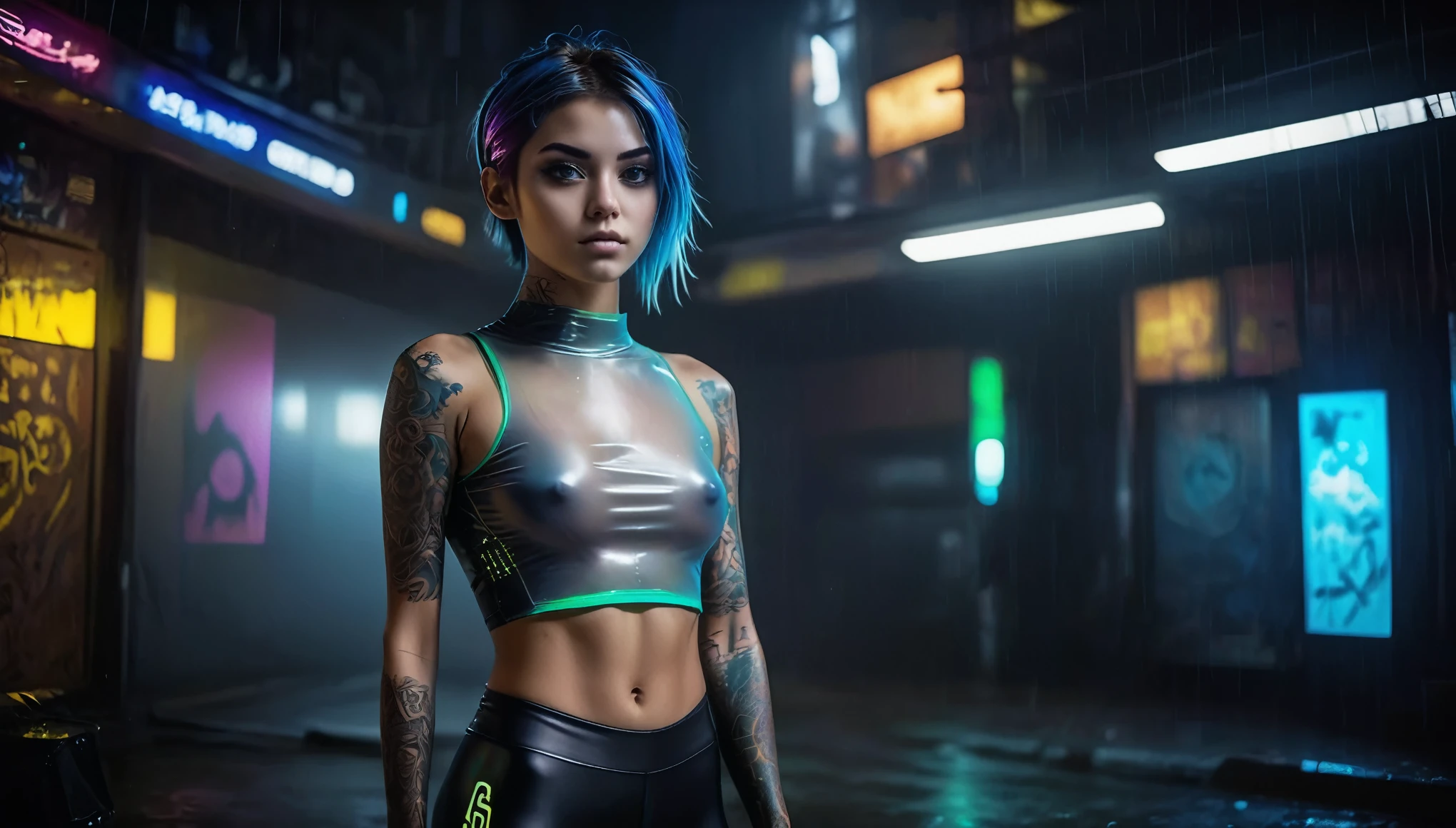Top Quality, Masterpiece, High Resolution, 8k, full body shot, wide view, (((skinny girl in nylon shirt and wetlook leggings, wide neckline, deep neckline, beautiful detailed eyes, small closed mouth, extremely detailed face, long pixie asymmetrical hair style, small hips, at night, dim lighting, look behind, cyberpunk, tattoo, neon colors))) 