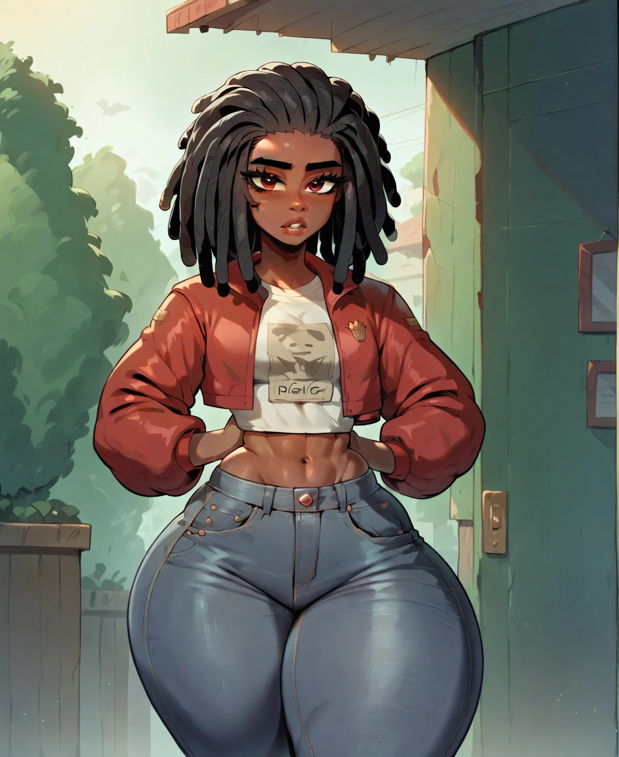 (best quality, masterpiece),An dark skin woman with dreadlocks in grey jeans and a black/red jacket standing outside, skinny waist and thick hips, thick thighs, thicc, thick, thick body, big booty, thick thigs, beautiful thick female, she has a jiggly fat round belly, largest haunches ever, large thighs, wide hips, great proportions, widest hips, insanely inflated hips